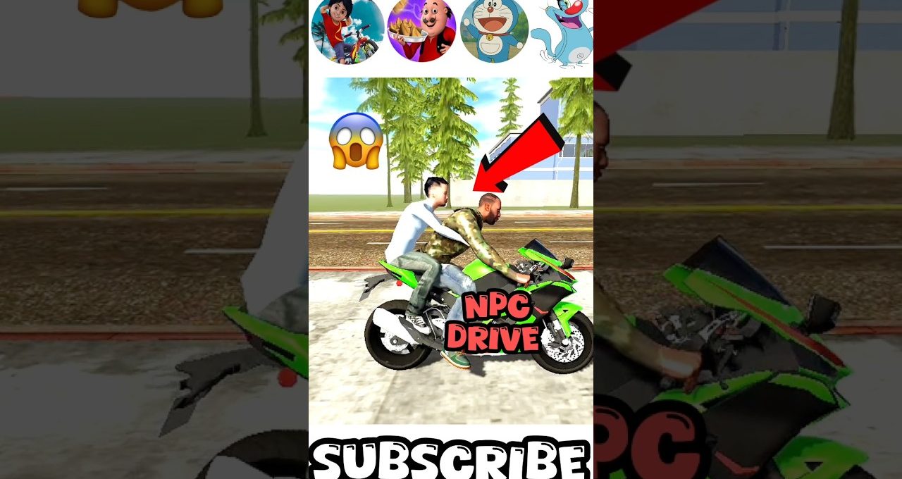 Two characters riding a green sport motorcycle with "NPC DRIVE" text overlay.