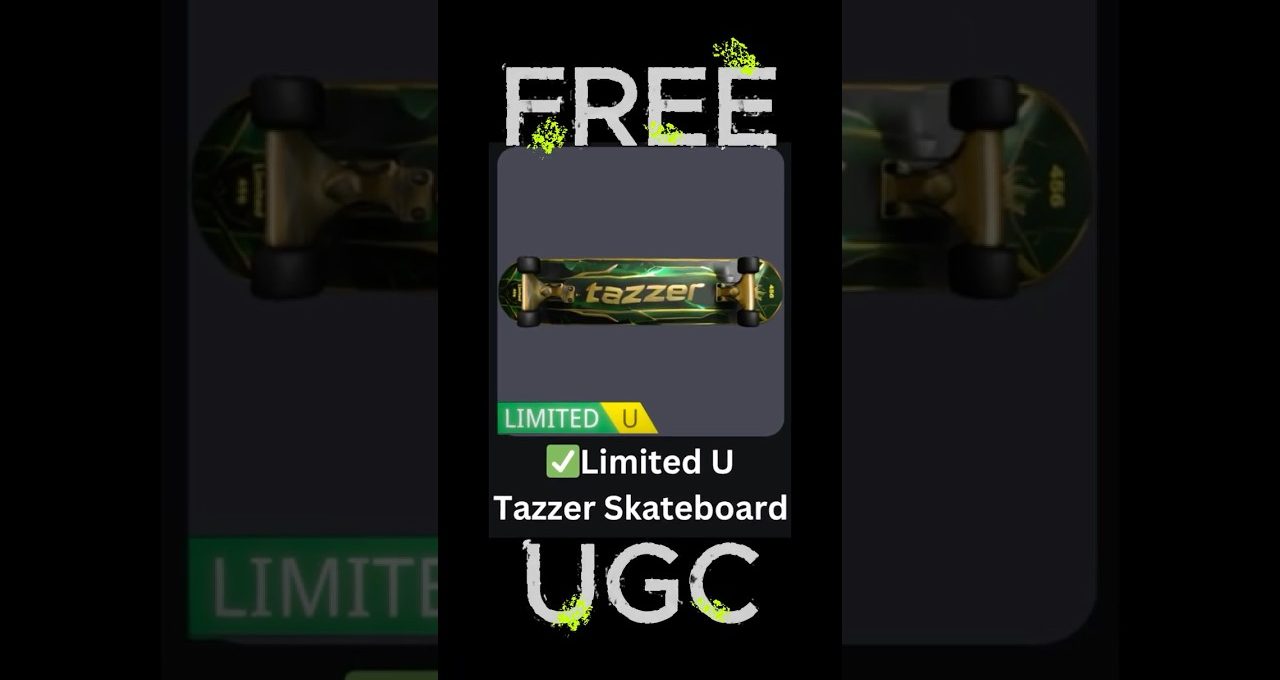 Green and gold "Tazzer" limited skateboard graphic displayed with "FREE" and UGC text.