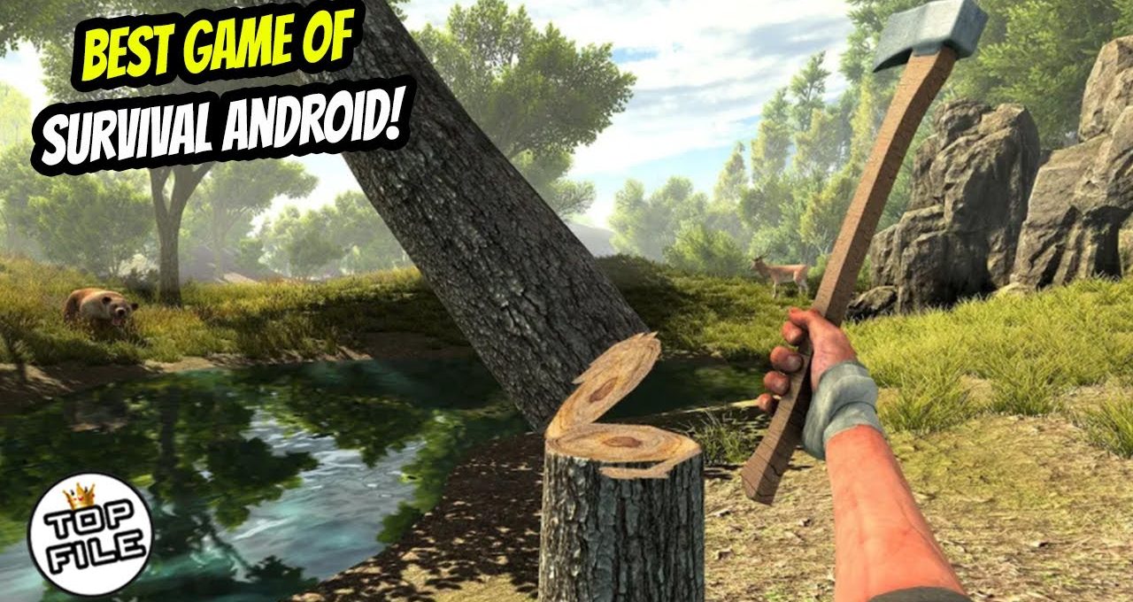 First-person view of chopping a tree with an axe in a forest survival game