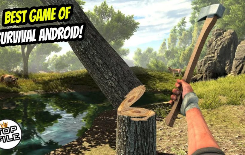 First-person view of chopping a tree with an axe in a forest survival game