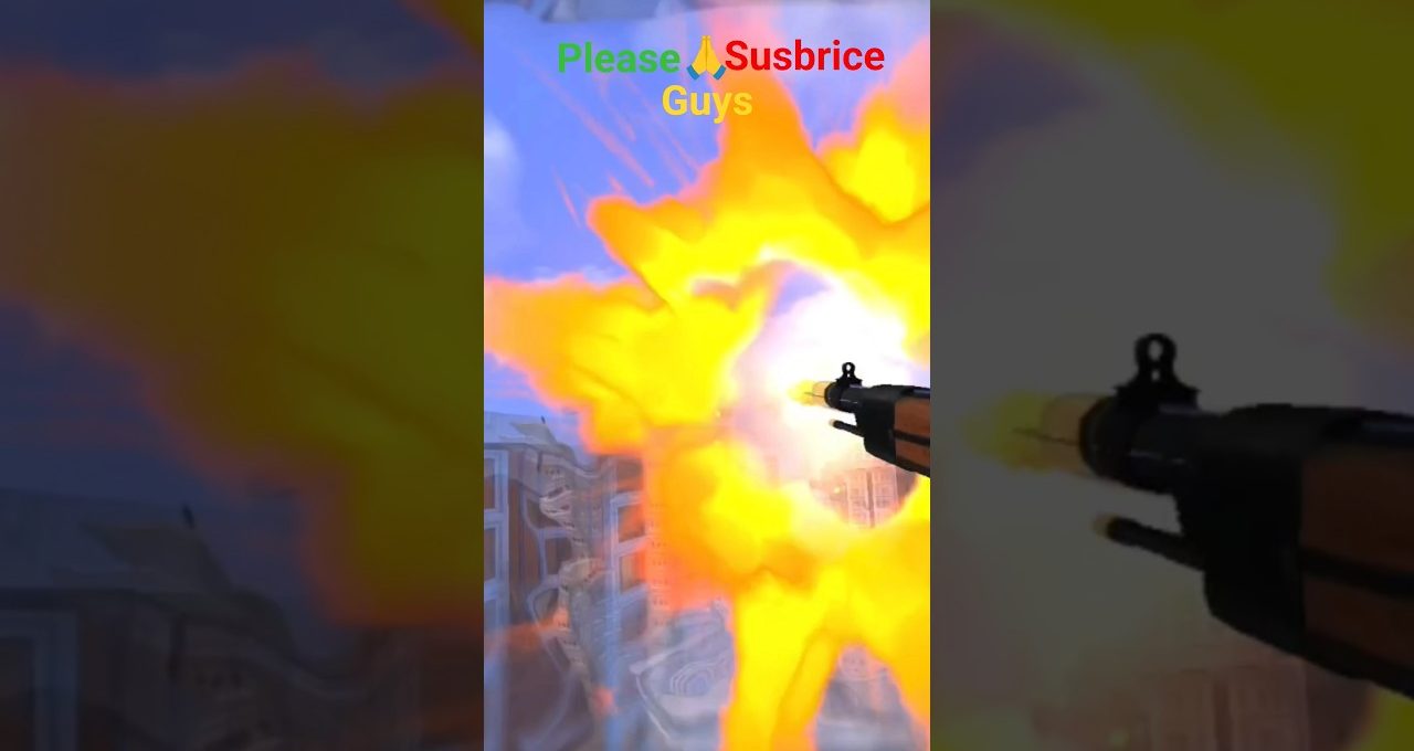 First-person view of a rifle firing with bright muzzle flash in urban environment