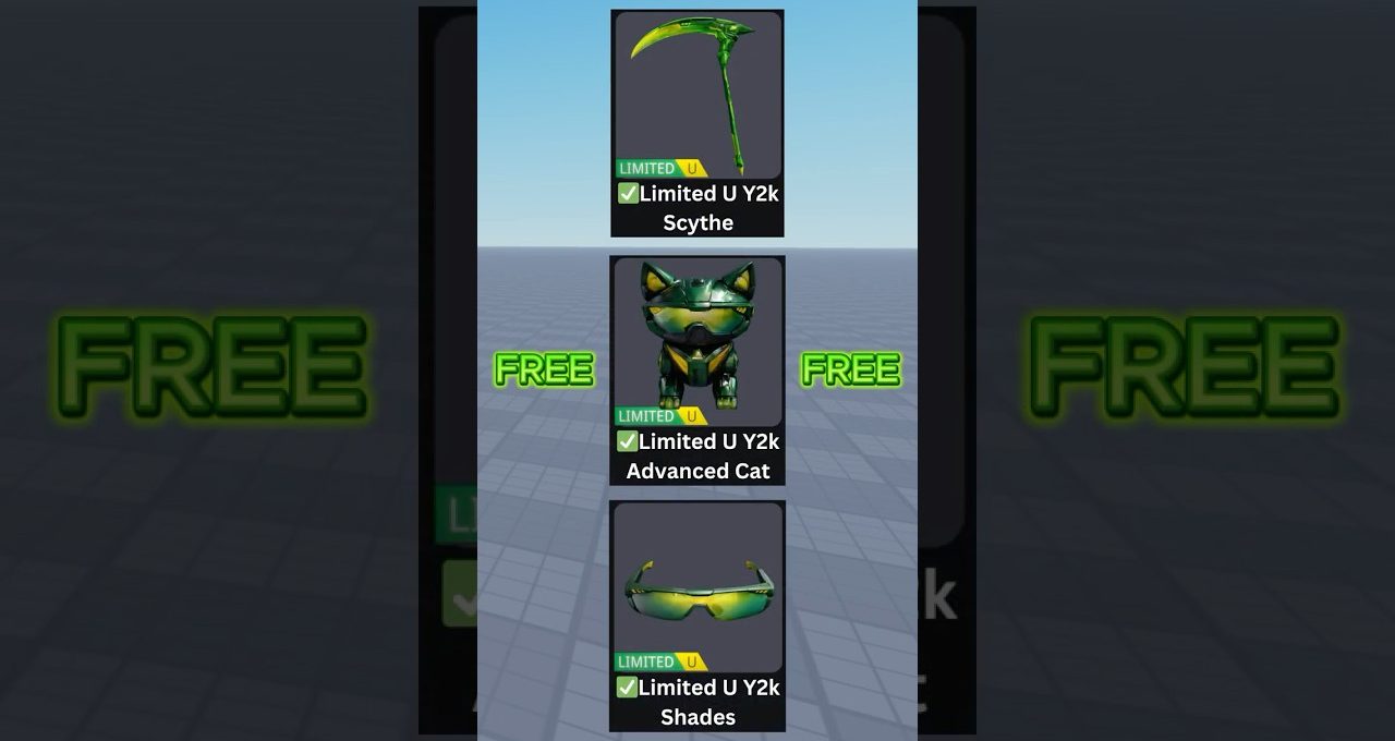 Three green limited virtual items displayed vertically: scythe, robotic cat, and shades
