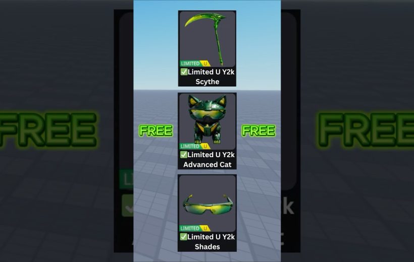 Three green limited virtual items displayed vertically: scythe, robotic cat, and shades