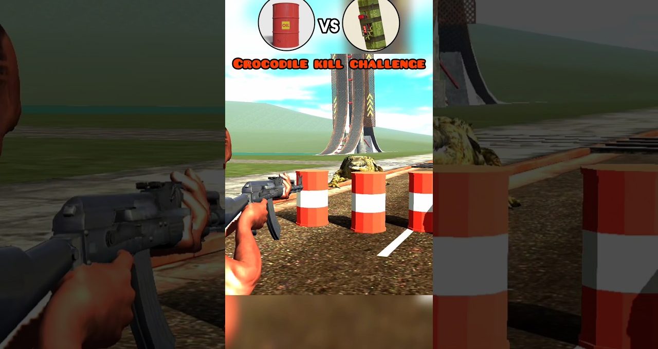 Player aiming rifle at a crocodile behind traffic barrels in a game challenge