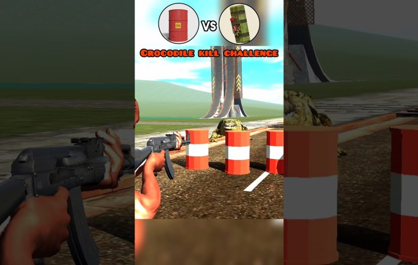 Player aiming rifle at a crocodile behind traffic barrels in a game challenge