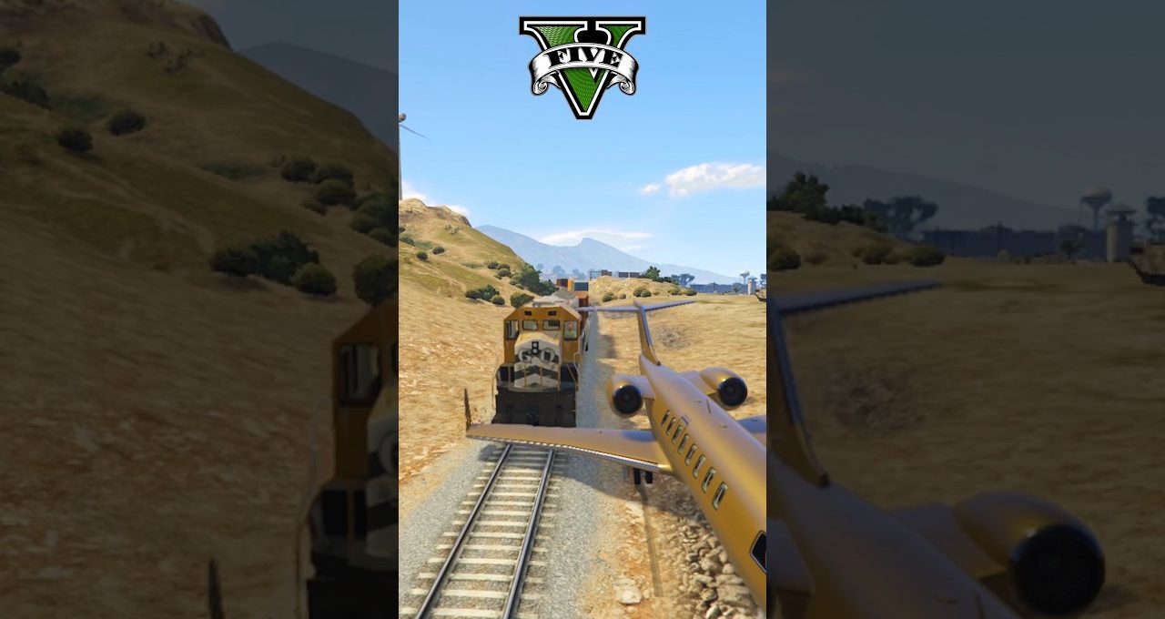 Private jet landing on tracks behind a moving freight train in desert countryside