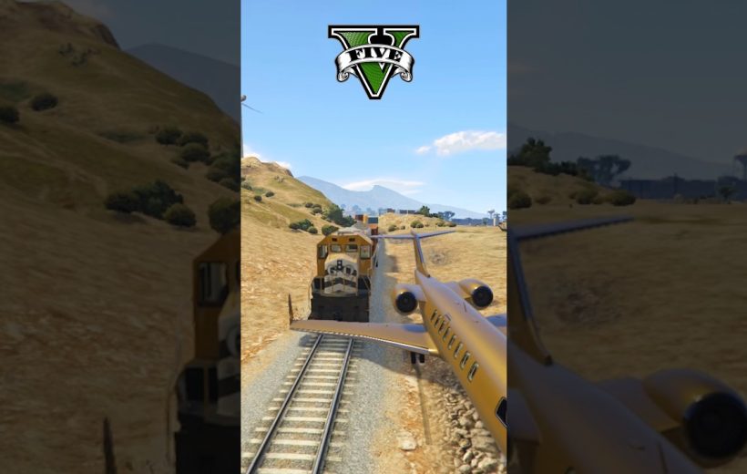 Private jet landing on tracks behind a moving freight train in desert countryside