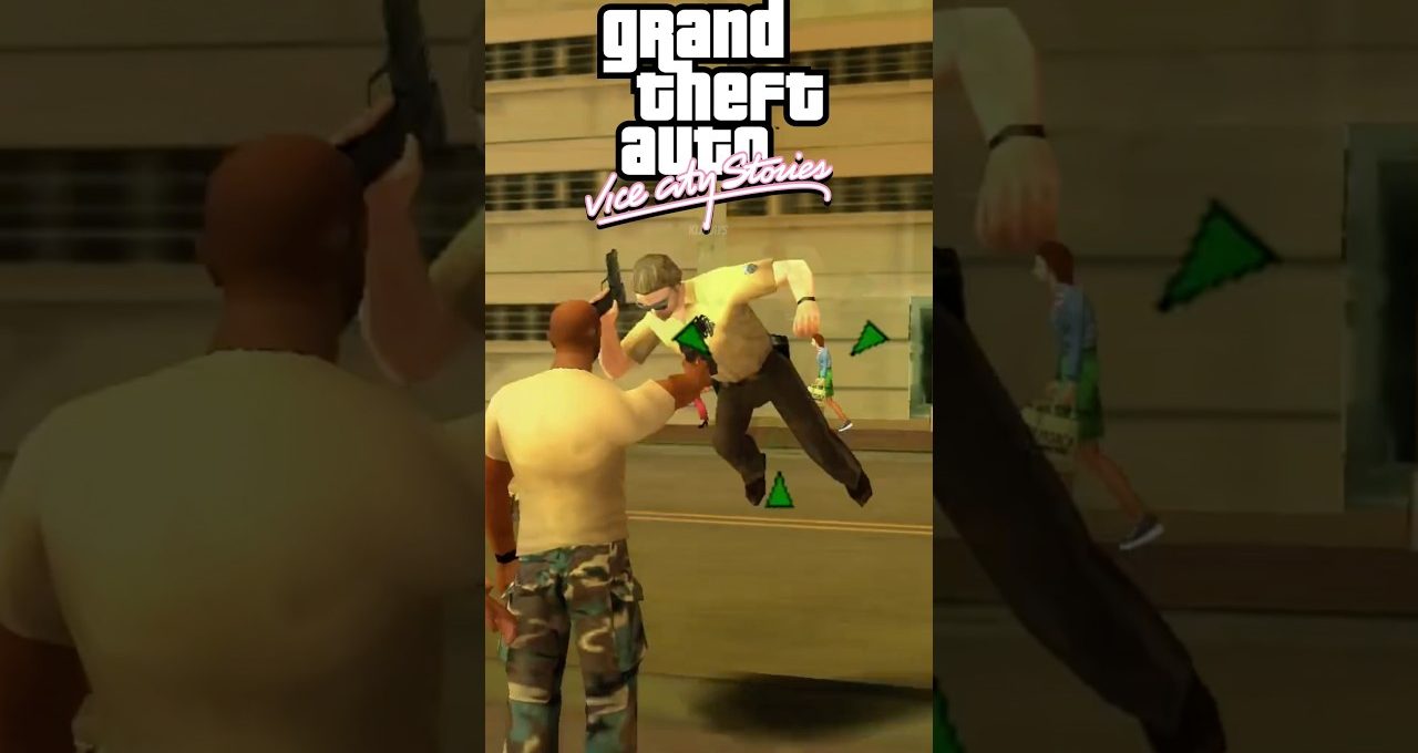 GTA Vice City Stories cover showing character confronting a leaping armed police officer.
