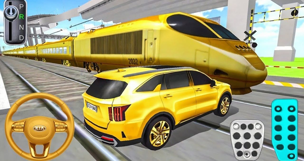 Yellow SUV stopped on tracks as a gold high-speed train passes in simulation