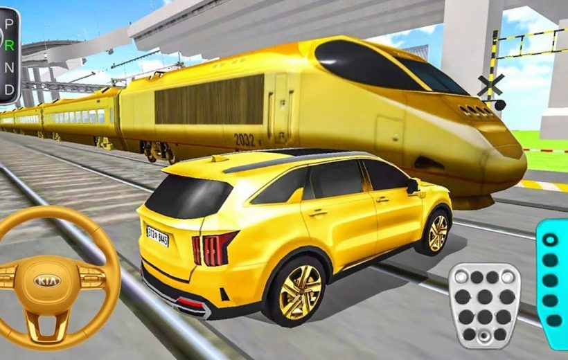 Yellow SUV stopped on tracks as a gold high-speed train passes in simulation