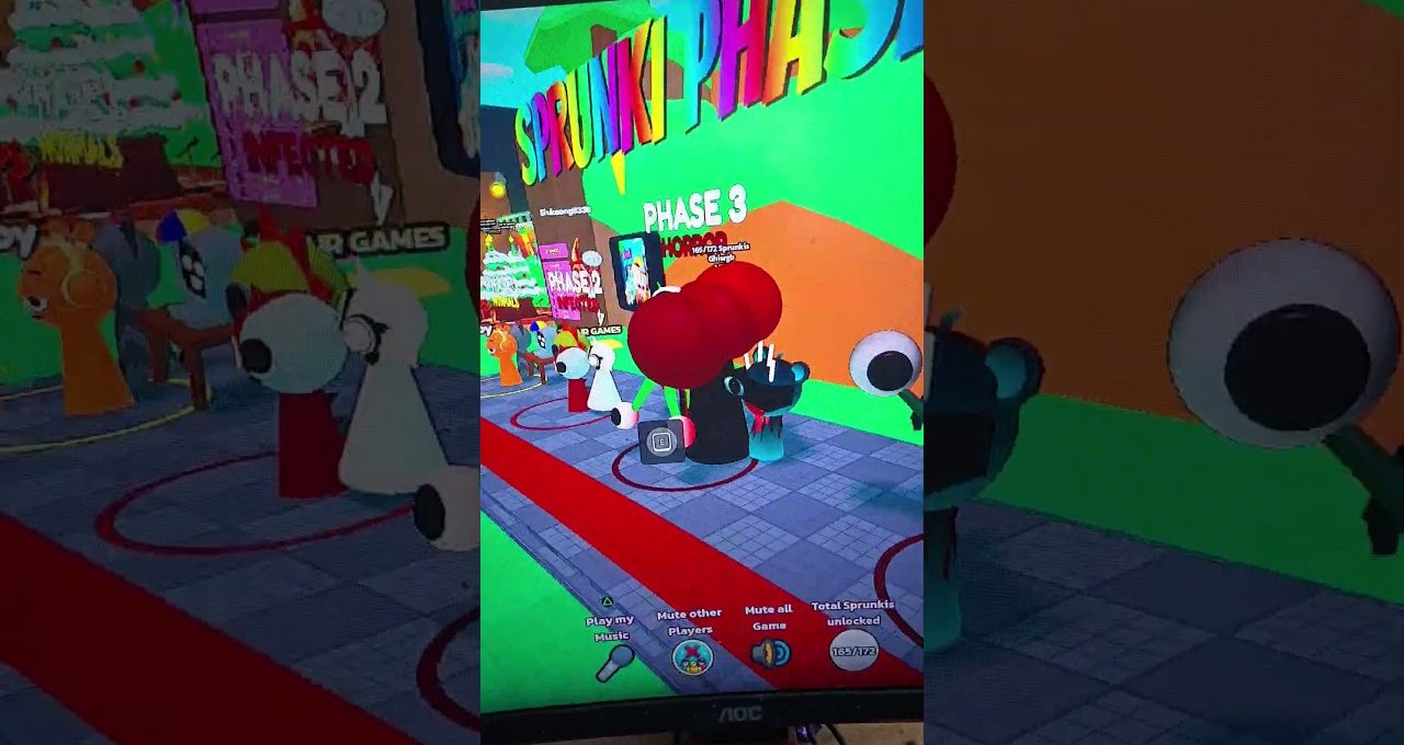Colorful Roblox lobby with avatars queued under large "PHASE 3" and game signage