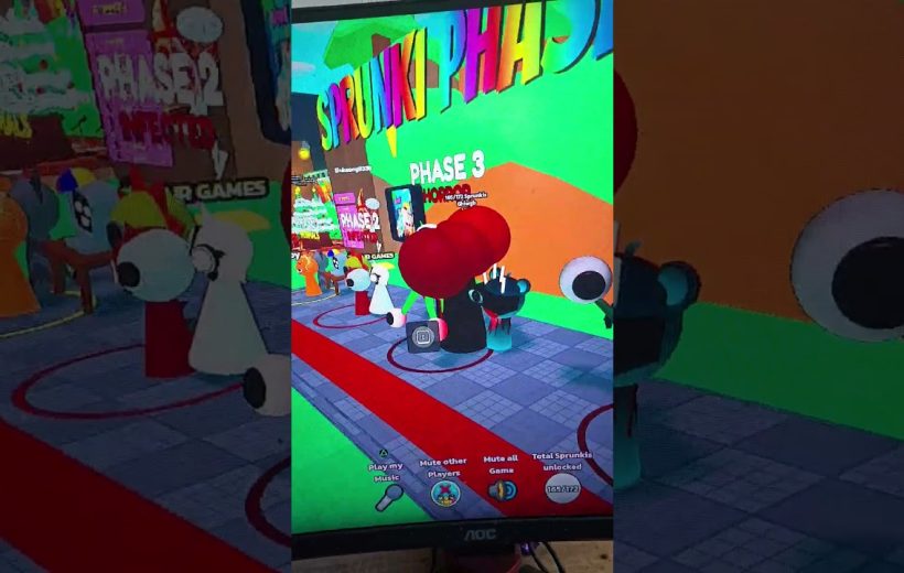 Colorful Roblox lobby with avatars queued under large "PHASE 3" and game signage