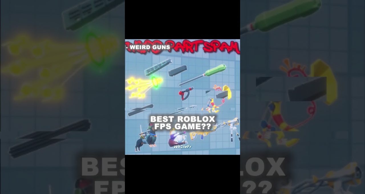 Various stylized Roblox FPS weapons and gadgets displayed on a blue grid background.