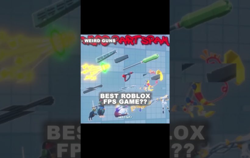 Various stylized Roblox FPS weapons and gadgets displayed on a blue grid background.