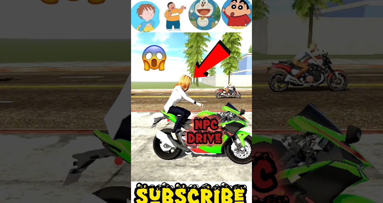 Woman riding a green sport motorcycle in a game scene with "NPC DRIVE" label