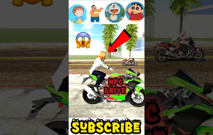 Woman riding a green sport motorcycle in a game scene with "NPC DRIVE" label
