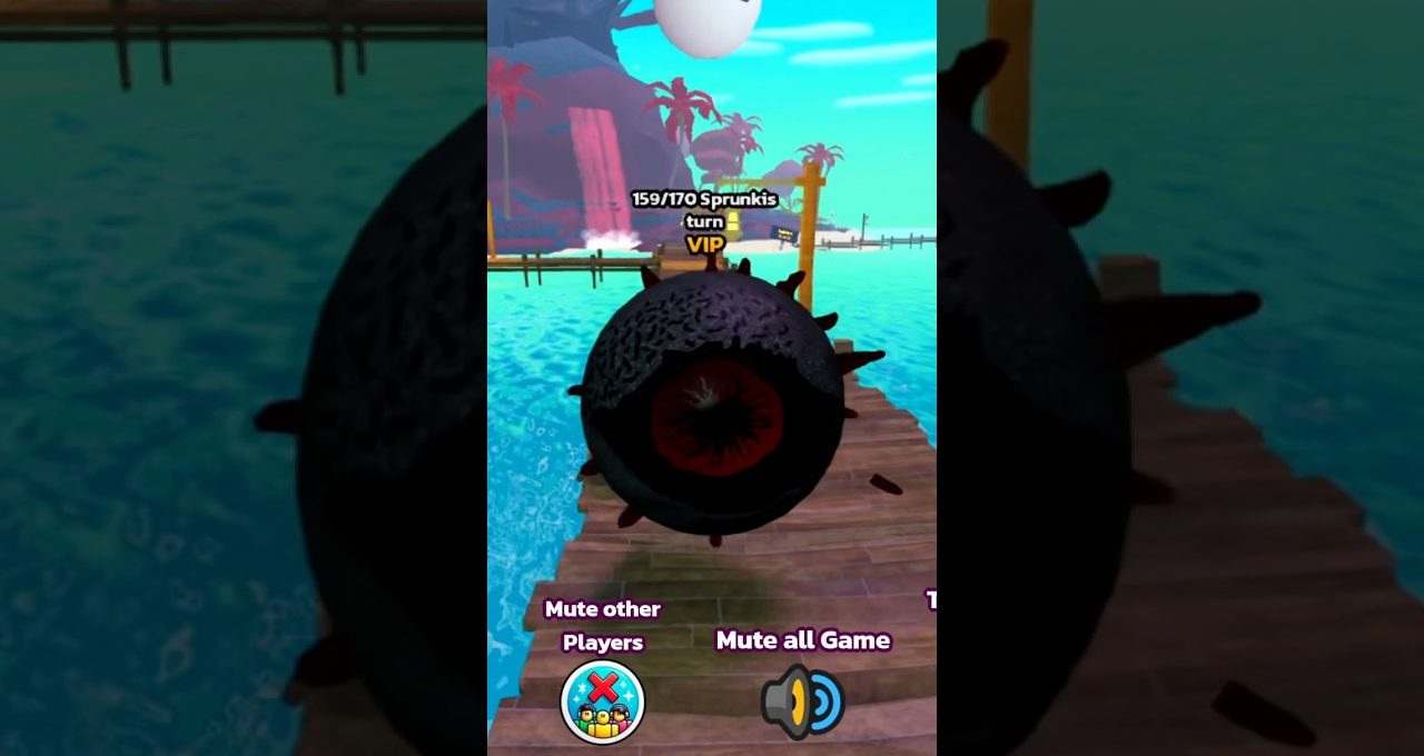 Floating spiked black eye creature hovering above a wooden dock in tropical game scene