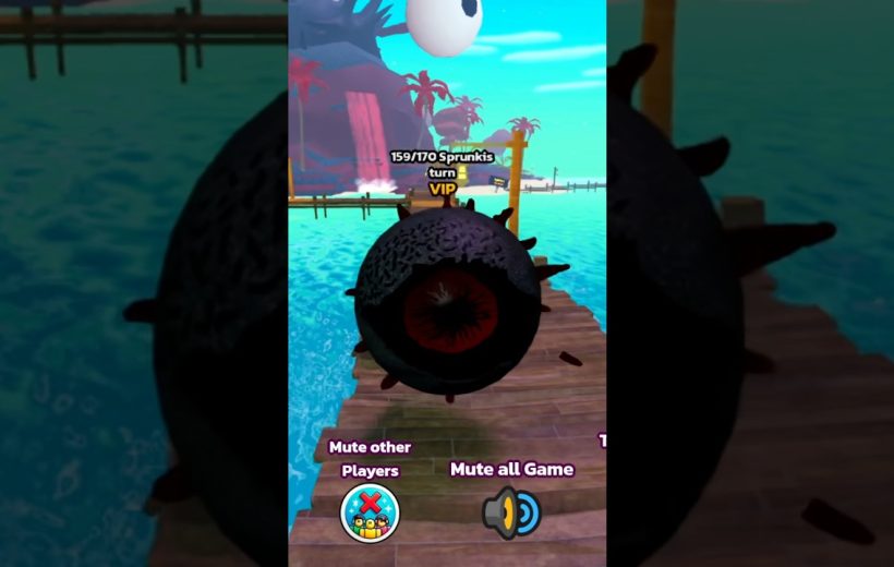 Floating spiked black eye creature hovering above a wooden dock in tropical game scene