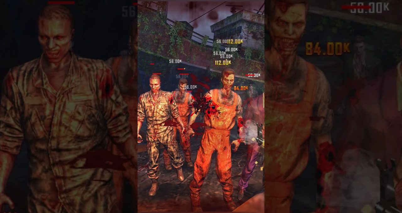 Group of bloodied zombies approaching in a ruined urban environment with damage numbers visible