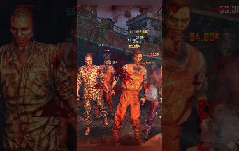 Group of bloodied zombies approaching in a ruined urban environment with damage numbers visible
