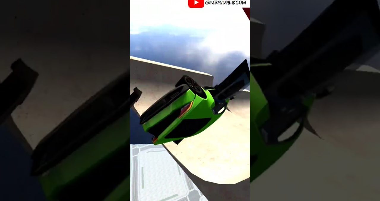 Green sports car flipping midair over a concrete ramp against a cloudy sky