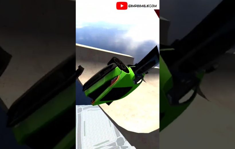 Green sports car flipping midair over a concrete ramp against a cloudy sky
