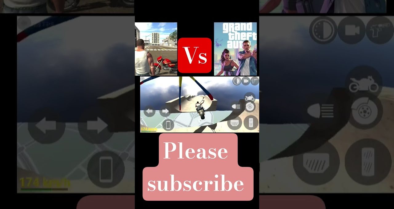 Vertical collage showing motorcycle gameplay clips with a red "Vs" icon and "Please subscribe" text