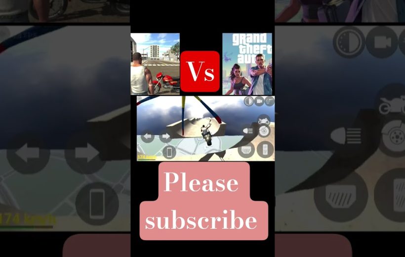 Vertical collage showing motorcycle gameplay clips with a red "Vs" icon and "Please subscribe" text