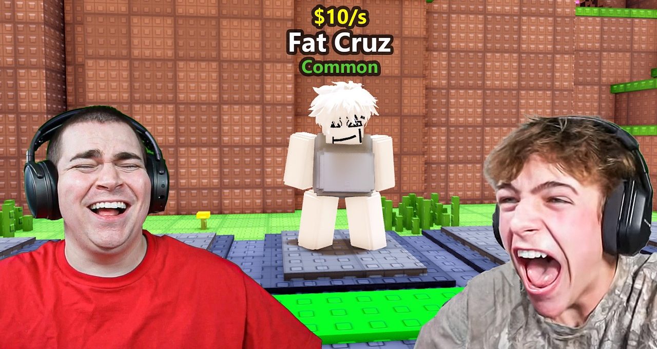 Two gamers laughing with headphones beside a Roblox character labeled "Fat Cruz"