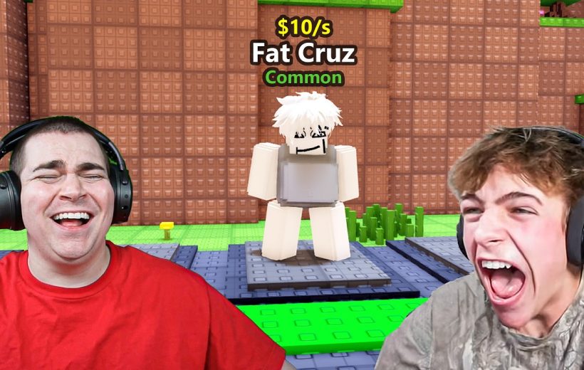 Two gamers laughing with headphones beside a Roblox character labeled "Fat Cruz"