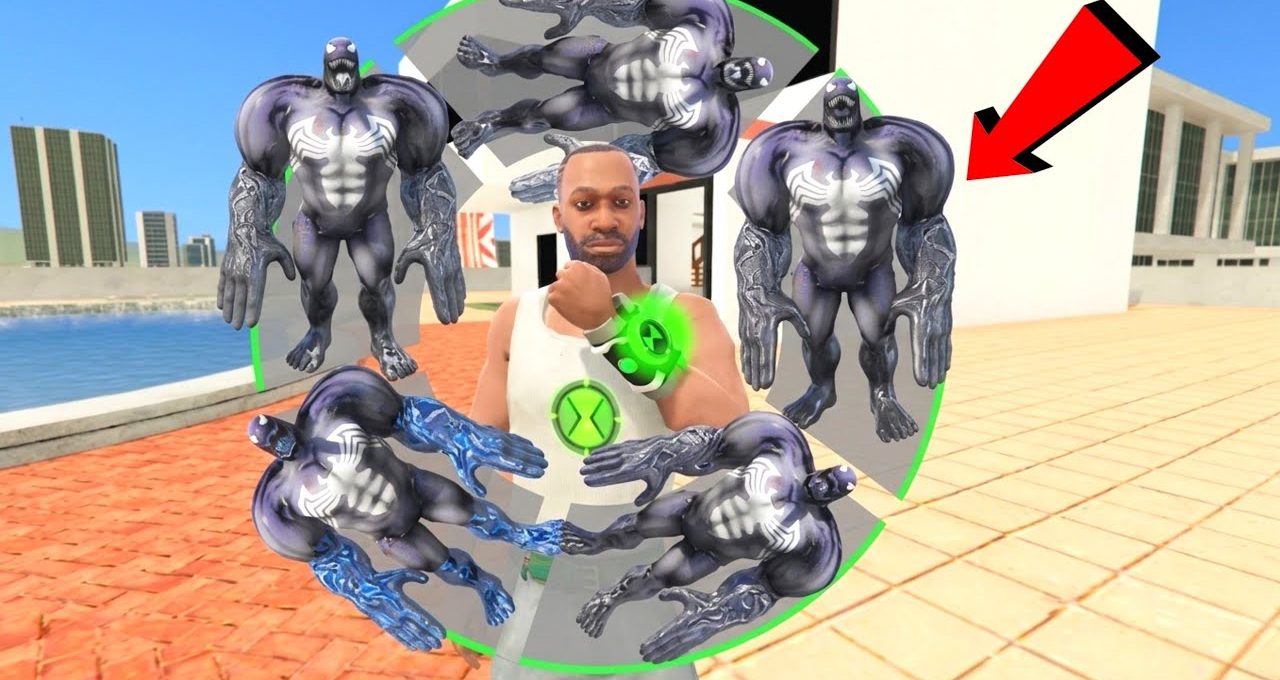 Man wearing Omnitrix summons multiple muscular dark alien creatures around him outdoors.