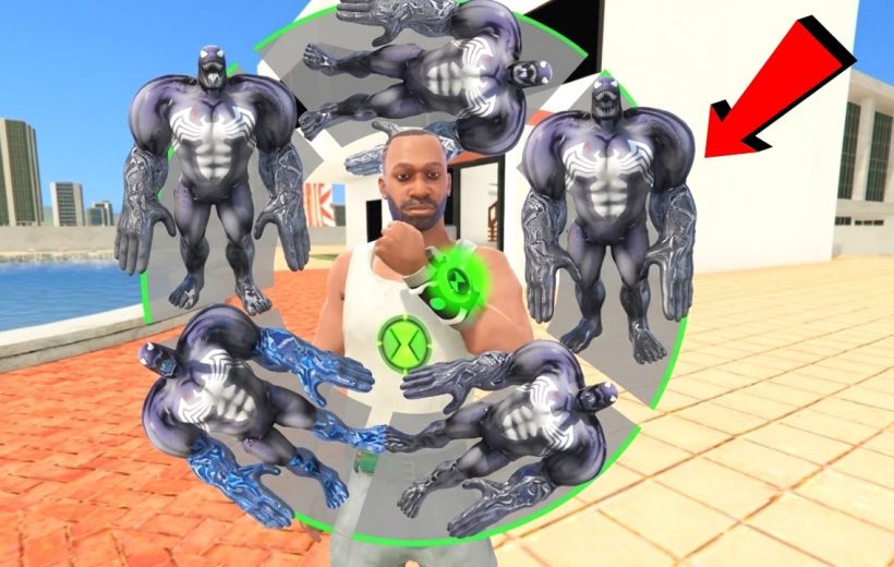 Man wearing Omnitrix summons multiple muscular dark alien creatures around him outdoors.