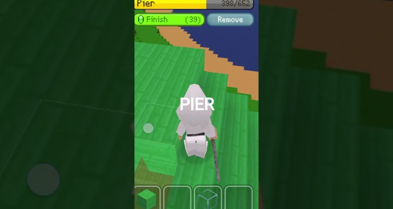 Third-person game view of a white-hooded character standing on a green pier platform