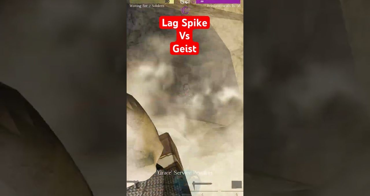 First-person shooter gameplay showing smoky cave combat with red "Lag Spike Vs Geist" label