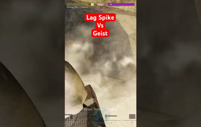 First-person shooter gameplay showing smoky cave combat with red "Lag Spike Vs Geist" label
