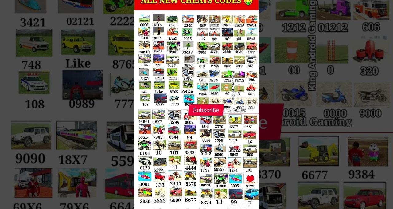 Grid of colorful vehicle and game cheat icons with codes and a red Subscribe button.