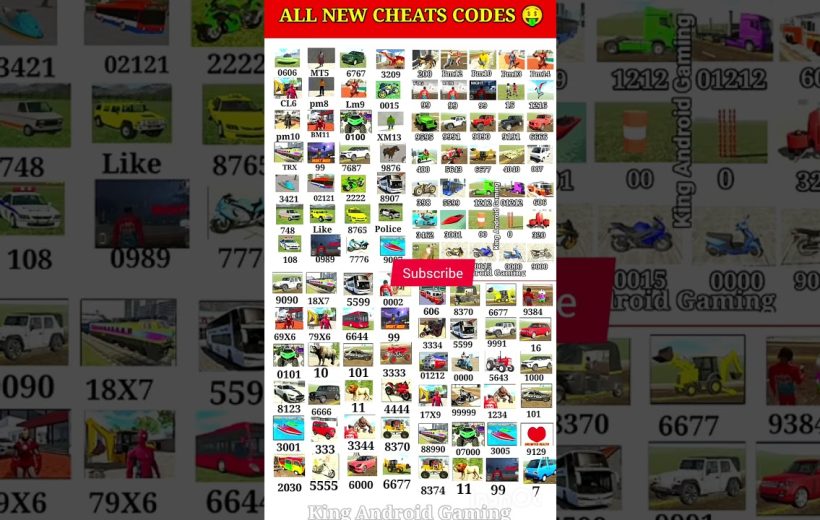Grid of colorful vehicle and game cheat icons with codes and a red Subscribe button.