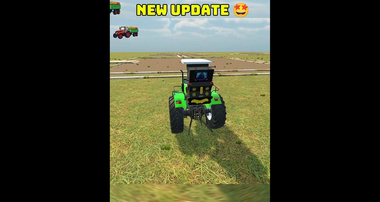 Green tractor parked on grassy field with "NEW UPDATE" banner above sky.