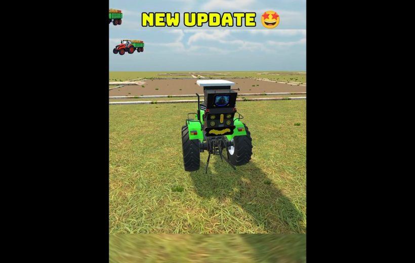 Green tractor parked on grassy field with "NEW UPDATE" banner above sky.
