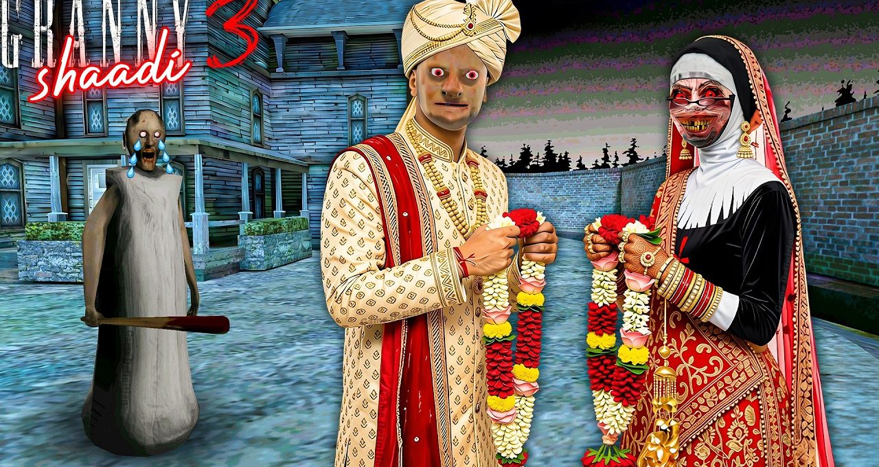 Horror-themed Indian bride and groom holding garlands outside creepy haunted house with granny