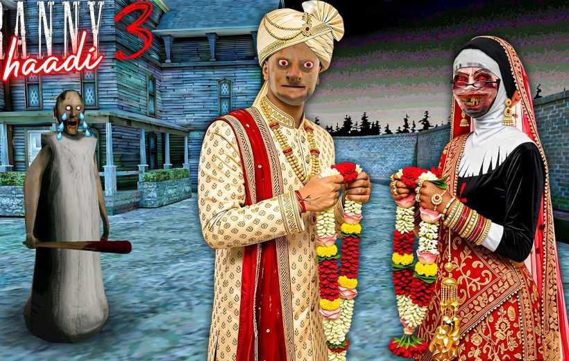 Horror-themed Indian bride and groom holding garlands outside creepy haunted house with granny