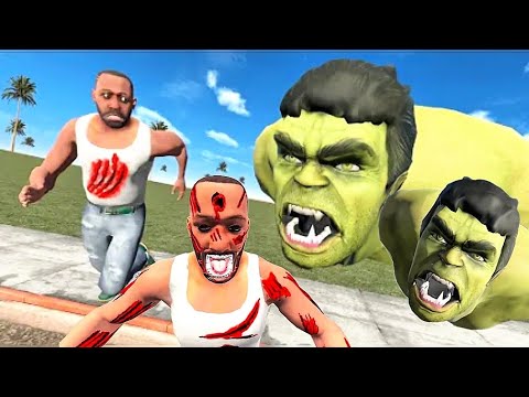 Two frightened men chased by two enraged green Hulk-like creatures on sidewalk