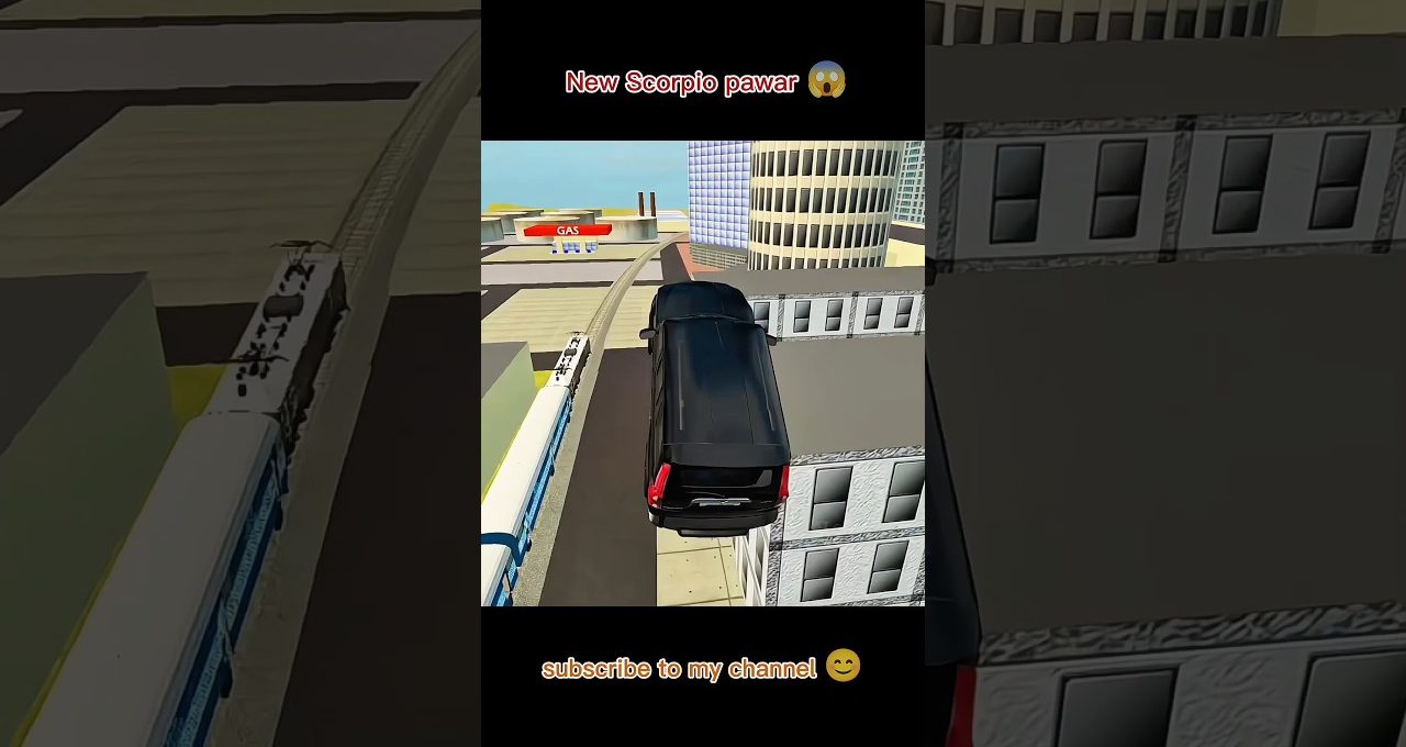 Black SUV driving off a rooftop in a stylized cityscape game scene