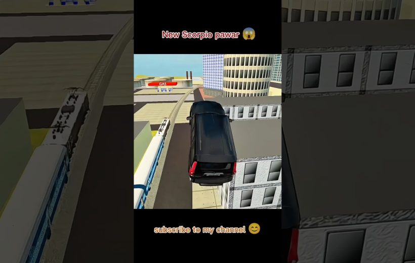 Black SUV driving off a rooftop in a stylized cityscape game scene