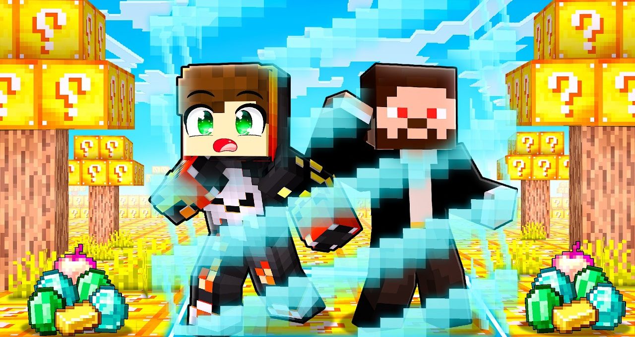 Two Minecraft characters surrounded by question-mark blocks and pixelated glowing effects