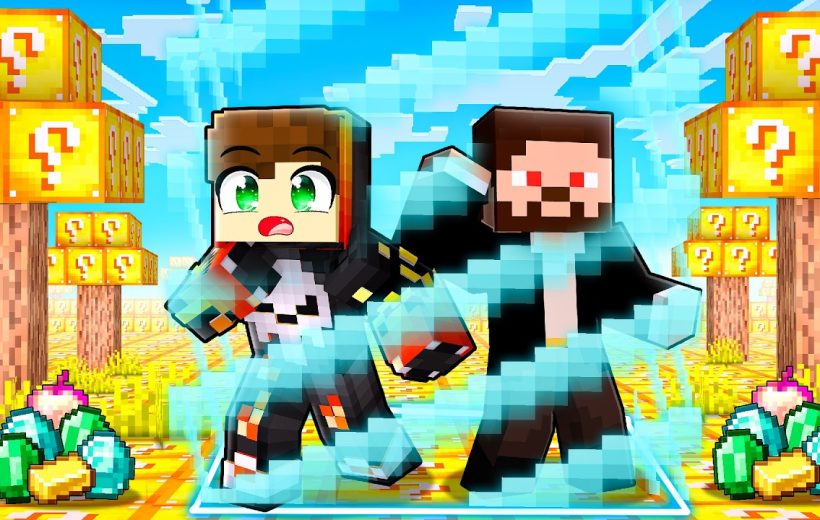Two Minecraft characters surrounded by question-mark blocks and pixelated glowing effects