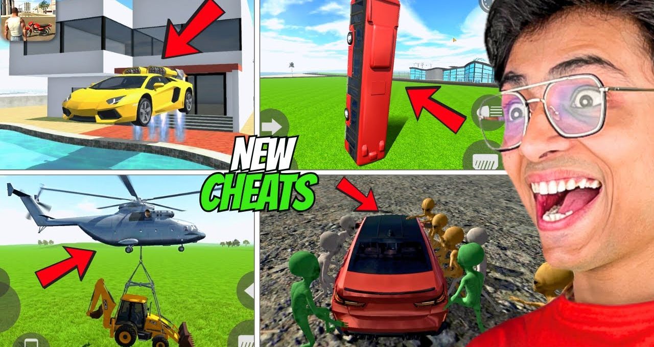 Gaming thumbnail collage showing bizarre vehicle cheats: flying car, vertical bus, helicopter lift, mobbed car