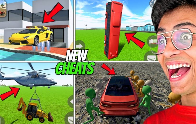 Gaming thumbnail collage showing bizarre vehicle cheats: flying car, vertical bus, helicopter lift, mobbed car