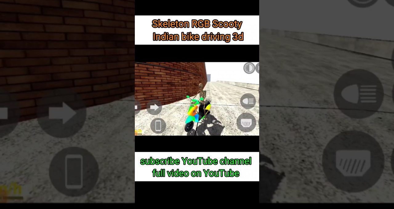 Skeleton character riding a colorful scooter along a brick-walled urban street scene