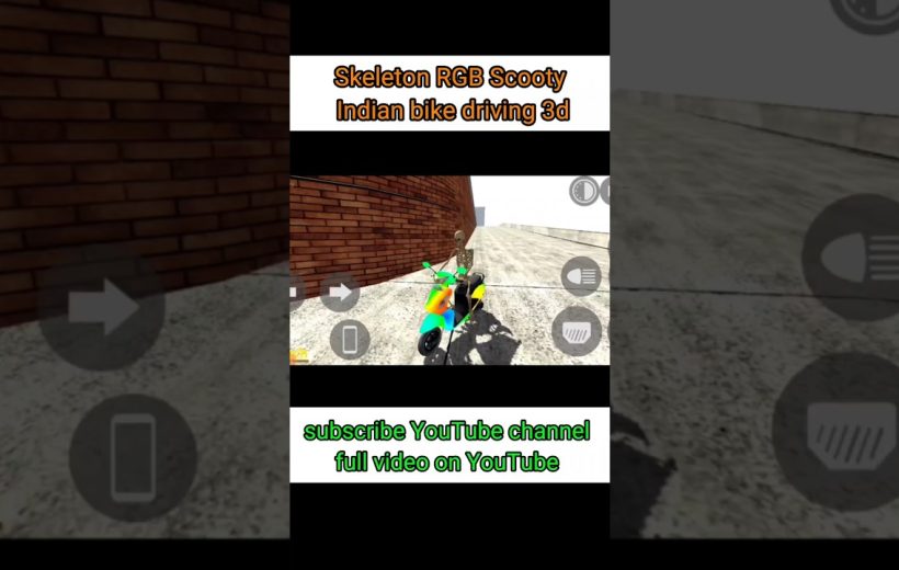 Skeleton character riding a colorful scooter along a brick-walled urban street scene